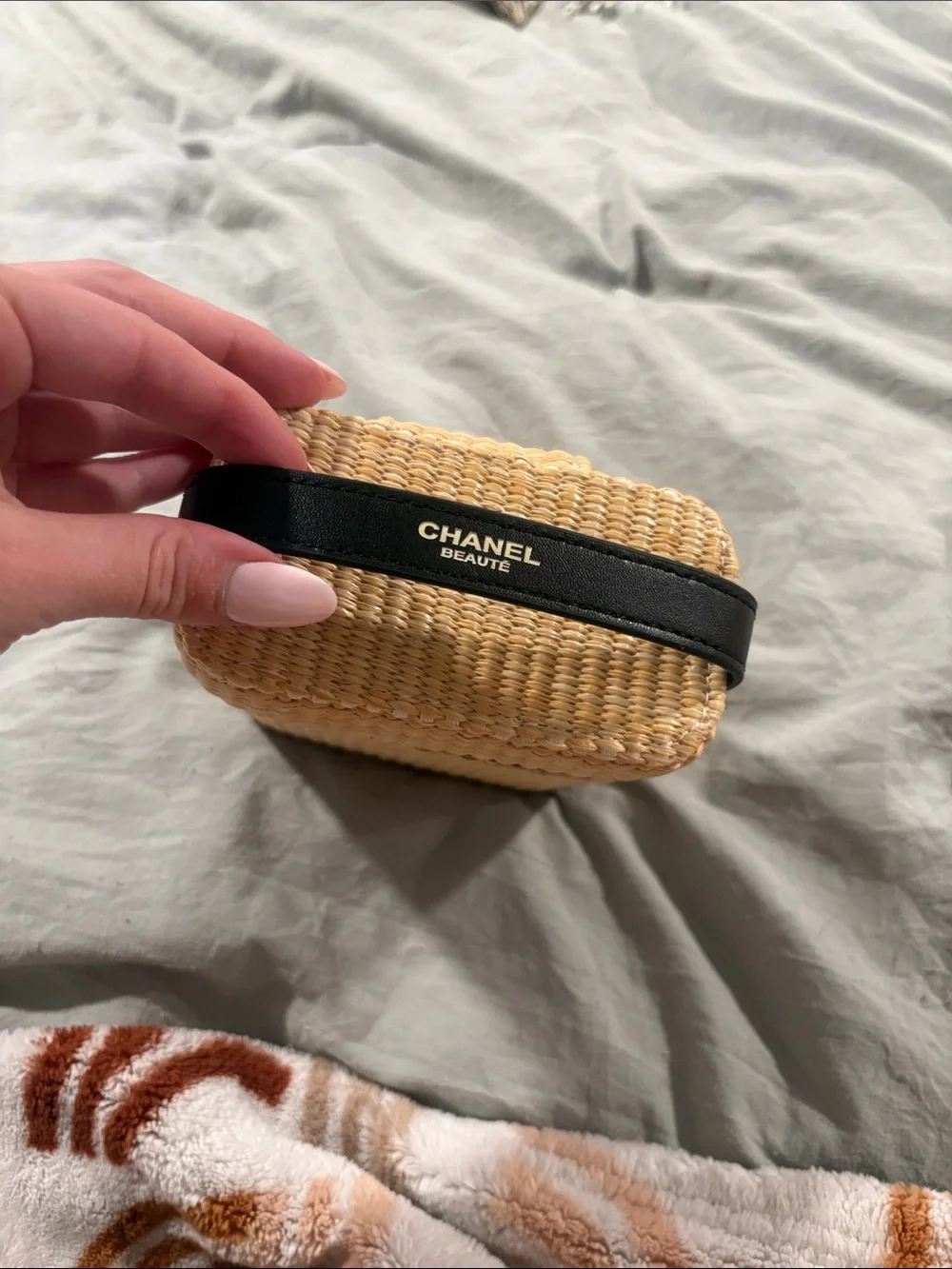CHANEL Beauté Natural Straw and Black Trim Cosmetic Case with Gold Logo